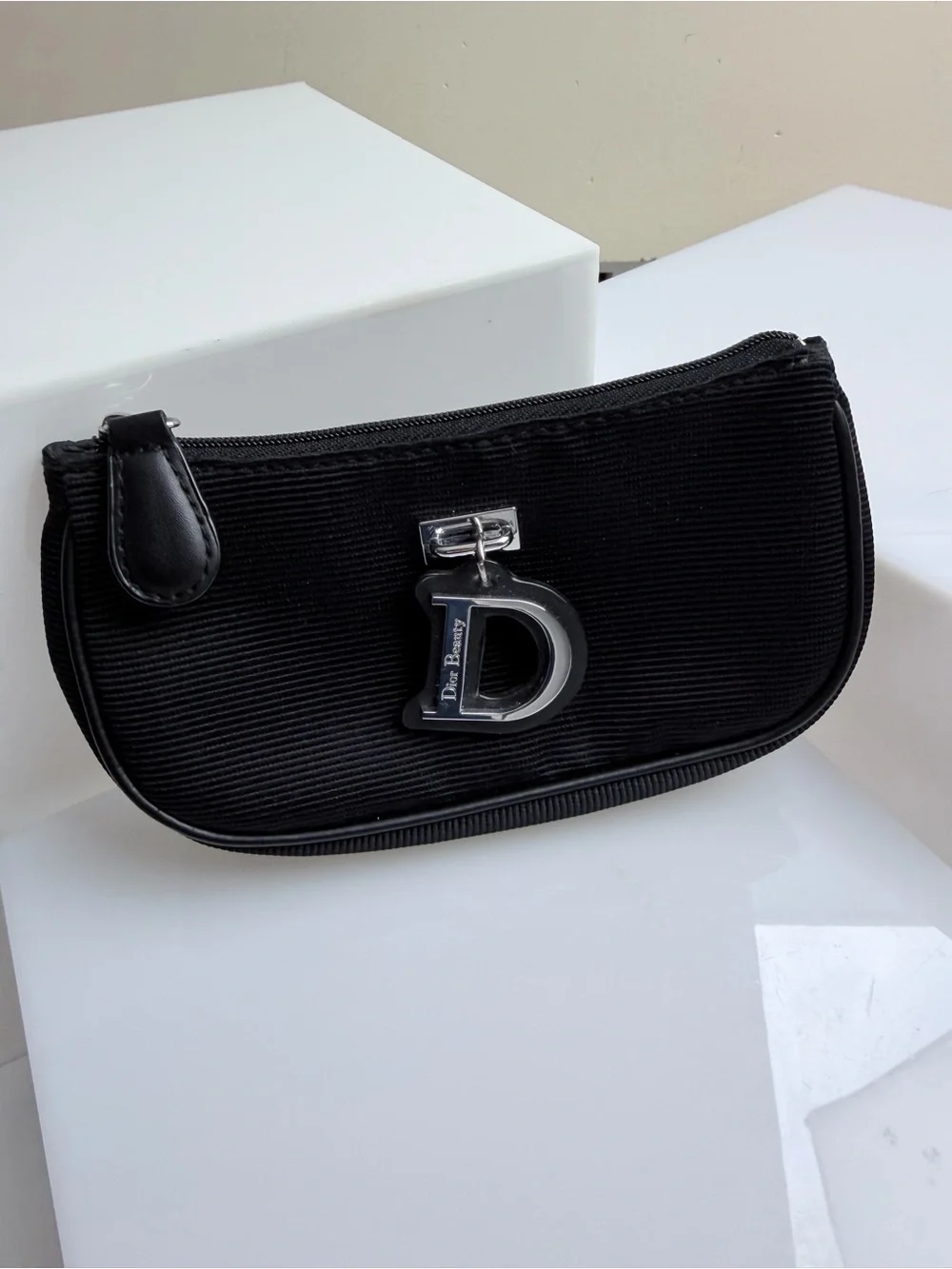 Mini Dior Beauty Bag in Black with Silver Hardware and D Charm